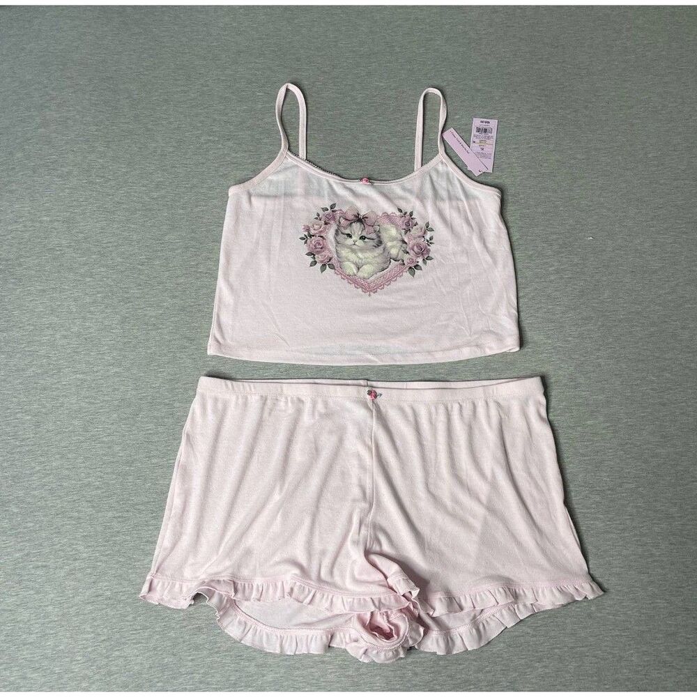 Wild Fable Valentine’s Kitten Bow Pointelle Tank Top & Shorts PJ 2 PCS. Set - Picture 3 of 12